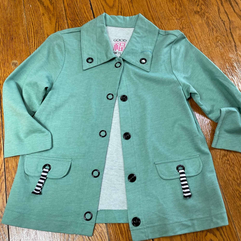 Good Fortune brand green jacket.  Navy stripe details.  Snap front.  Size Small